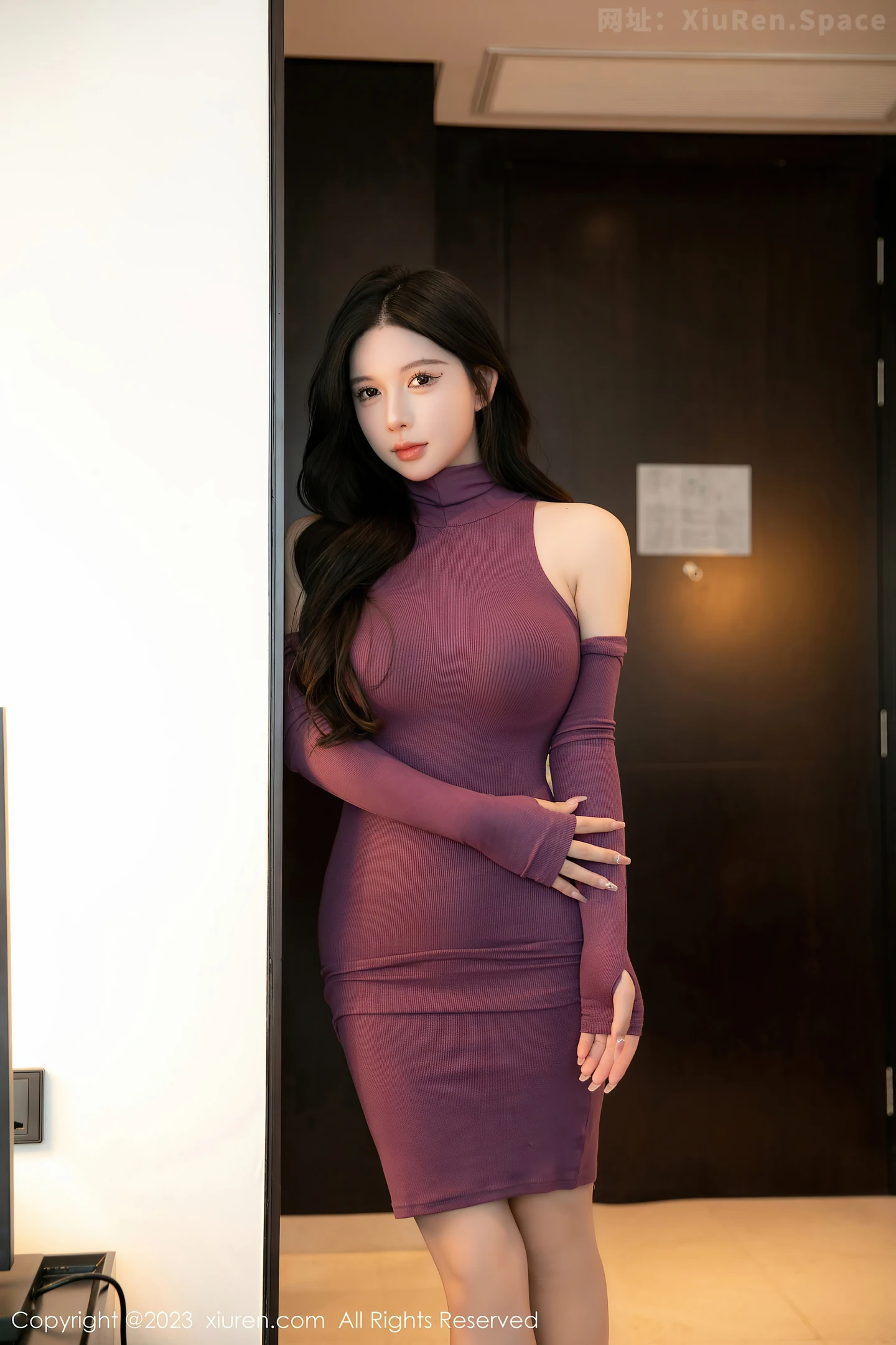 图片[4]-[XiuRen秀人网]2023.03.24 VOL.6469 林珊珊 紫色紧身连衣裙与肉色透视情趣内衣加黑丝美腿性感私房写真集-秀人网官方网站